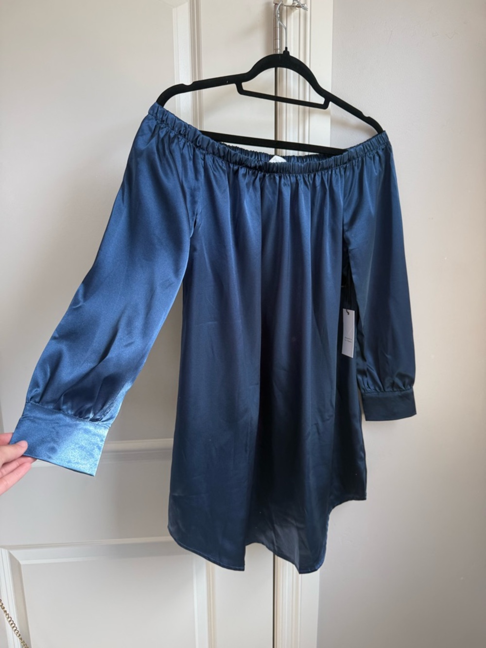 Off-Shoulder Satin Dress in Deep Navy
